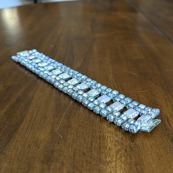 Aurora Borealis Clear Rhinestone Cuff Bracelet 5 Rows Statement Piece 60s 8.75" - Picture 7 of 13